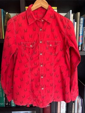 Barn Fly Trading Red Button Down with Black Pair of Cowboy Boots Print all over